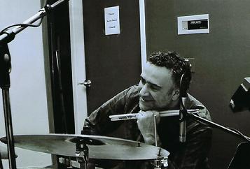 Drummer George Fludas at the "Watch Our Cubs Go All the Way" recording session  